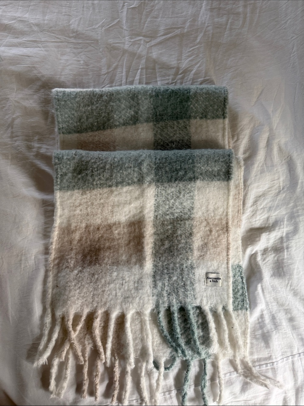 Abercrombie & Fitch Cream, Sage & Tan Plaid Fringe scarf